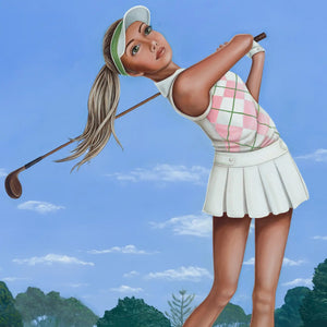 Mandy Williams Birdie. Vintage and Retro themed woman playing golf