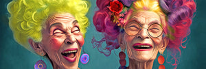 Two elderly women with vibrant, colorful hairstyles and clothing against a dark blue background.