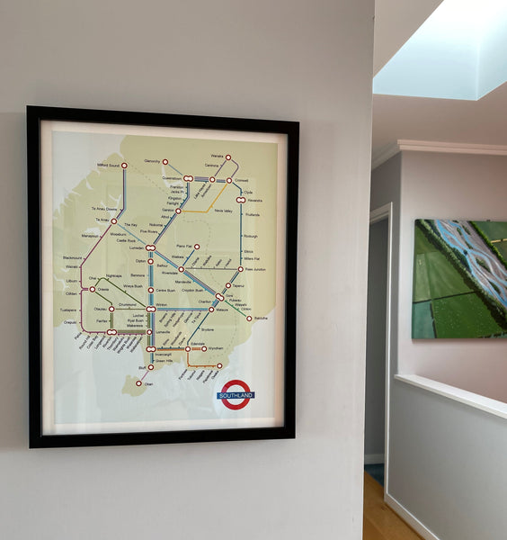 Framed Southland Tube map. Framed giclee print. Black Frame